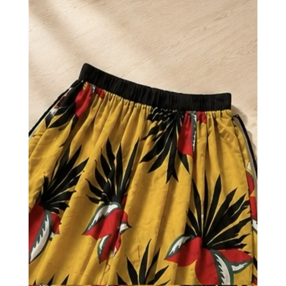Beatrice B Silk Tropical Wide Leg Pants Women's M Yellow Floral Fringe Italy